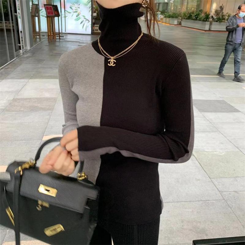 

Autumn and winter new turtleneck knitted bottoming shirt women s fashion contrasting color splicing slim slim long-sleeved sweater One Size