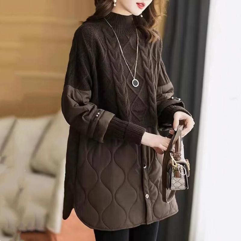 Women's Fall and Winter Mid-length Thickened Warm Long-sleeved Splicing Tops