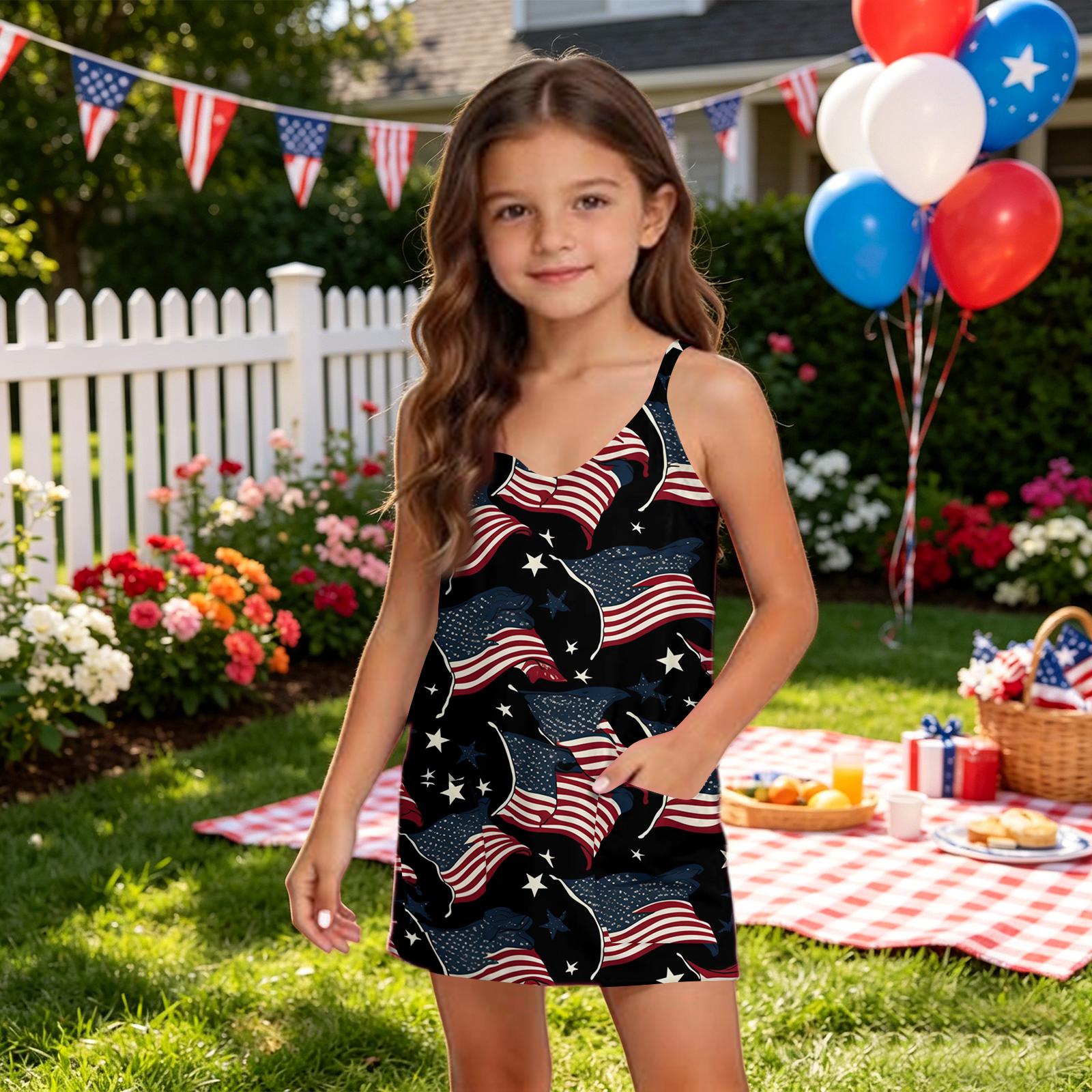 

Girls Summer V Neck Romper Sleeveless One Piece Outfit with Pockets and Shorts Suitable for Independence Day Casual Wear 160 чёрный