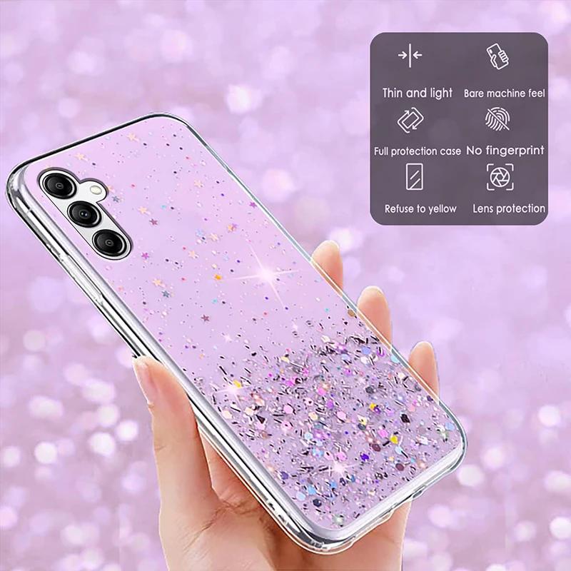 Shiny Glitter Cute Girl's Stars Soft Clear Phone Cover Case for Samsung Galaxy S24 S24+ S24 Ultra A05 A05S A15 A25 A35 A55 5G 4G