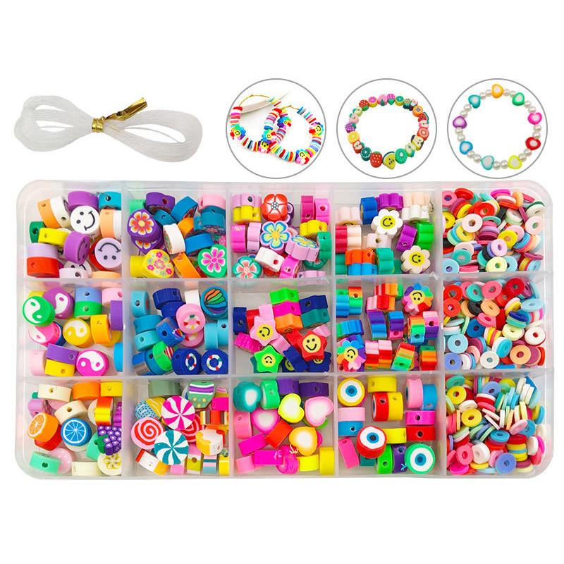 990Pcs Clay Beads Bright Color Various Styles DIY Clay Bead Kit for Jewelry Bracelets Necklaces Making 15 Grids 990Pcs