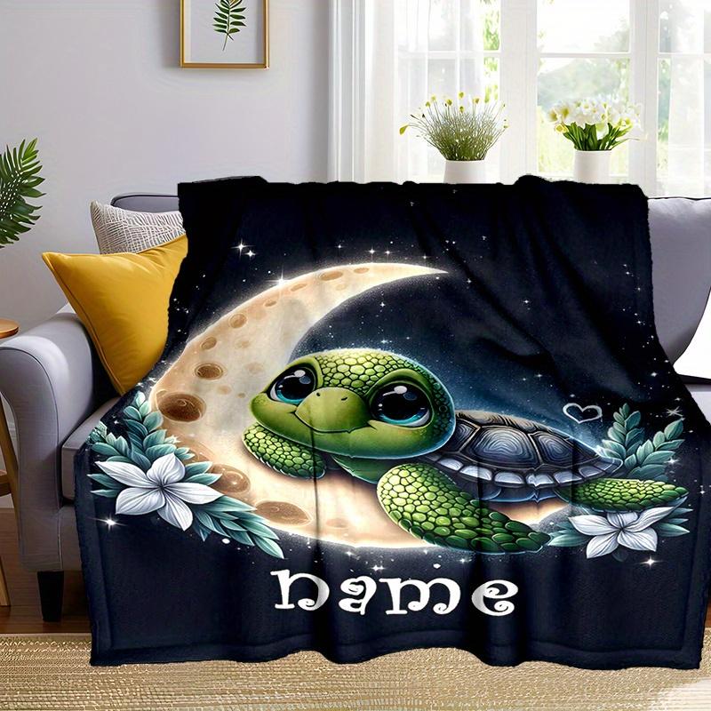 Customizable Turtle & Moon Design Flannel Blanket - Personalized Name, All-Season Thick Knit, Machine Washable, Travel & Outdoor