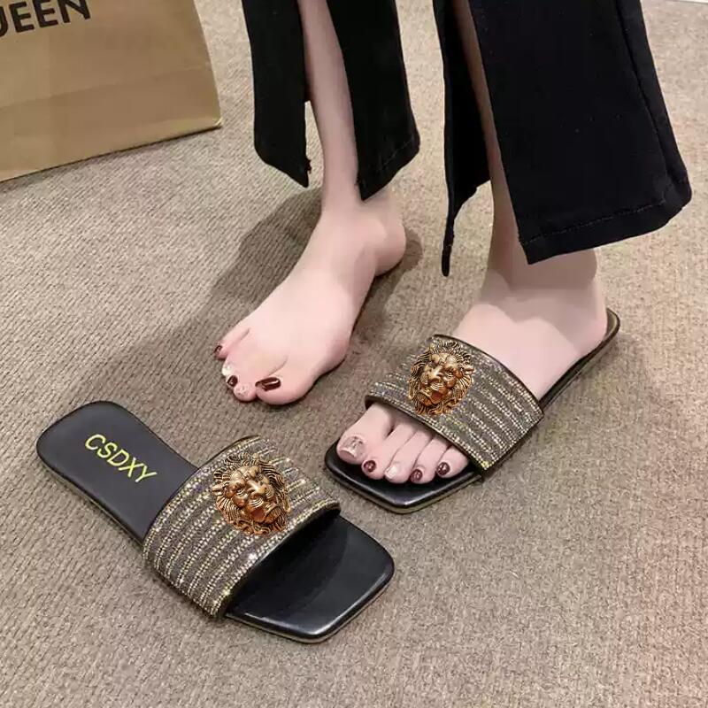 

Flat slippers female summer outside wear new non-slip Harajuku style net red sandals large size sexy sandals 34 43 чёрный