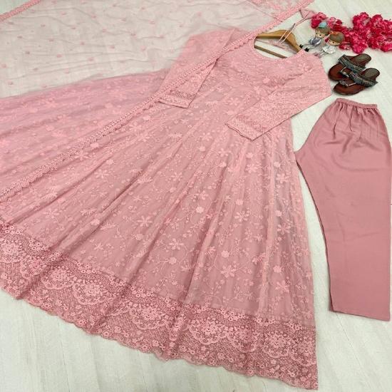 Luxurious All-Over Embroidered Net Anarkali Gown with Sheer Dupatta Set M