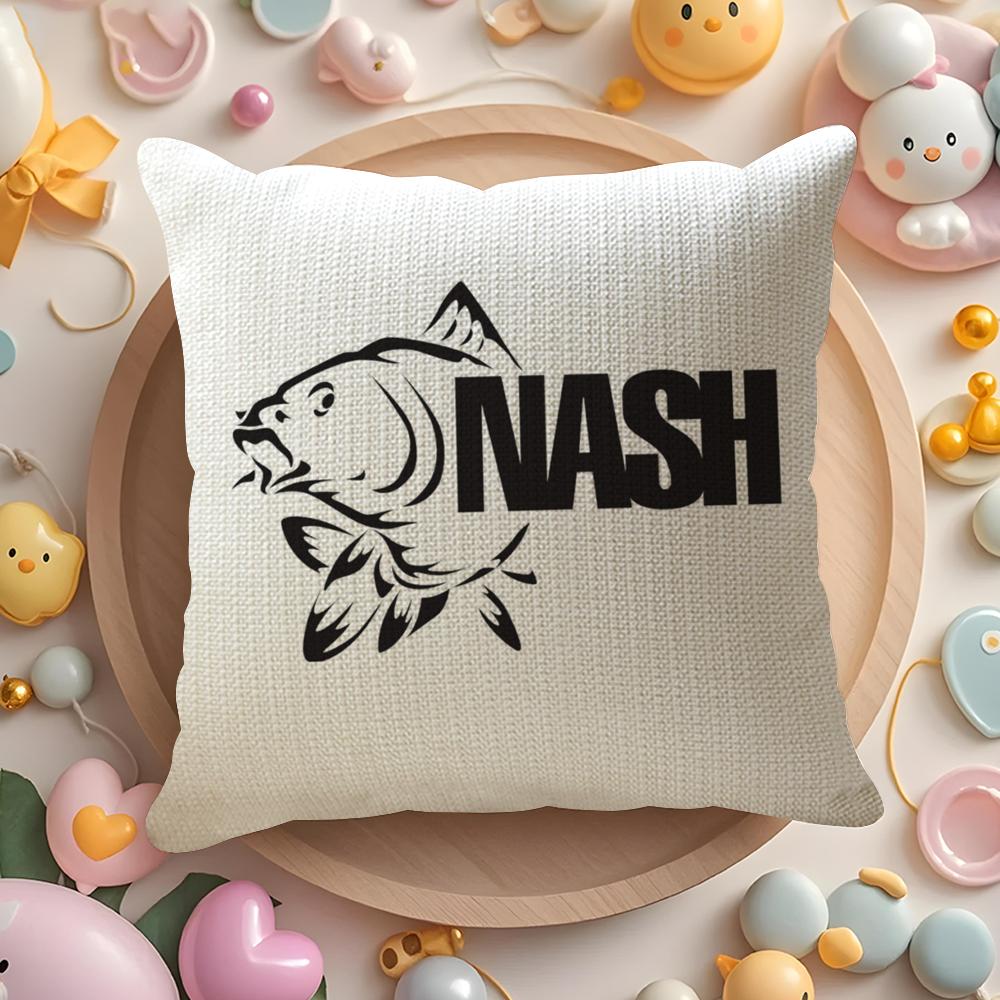 N-Nash Fishing Logo Cushion Cover Linen Organic Fabric Double-Sided Printing Breathable Pillow Case Sofa Home Decor Gift