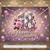 2D Pink Glitter 18th Birthday Backdrop with Crown & Rose for Photoshoot