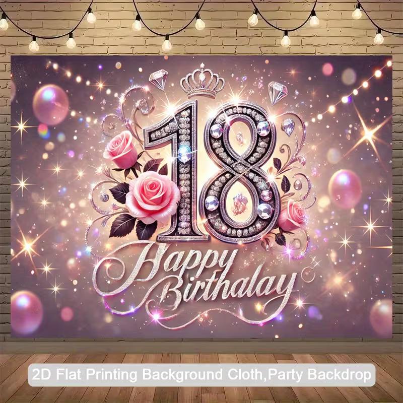 2D Pink Glitter 18th Birthday Backdrop with Crown & Rose for Photoshoot