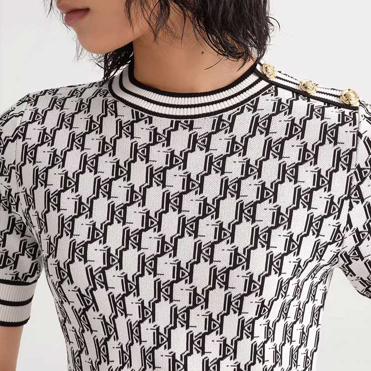Karl Lagerfeld Romantic Date Logo Print Round Neck Midi Short Sleeve Dress Women Dress Black White E33L1348-200428