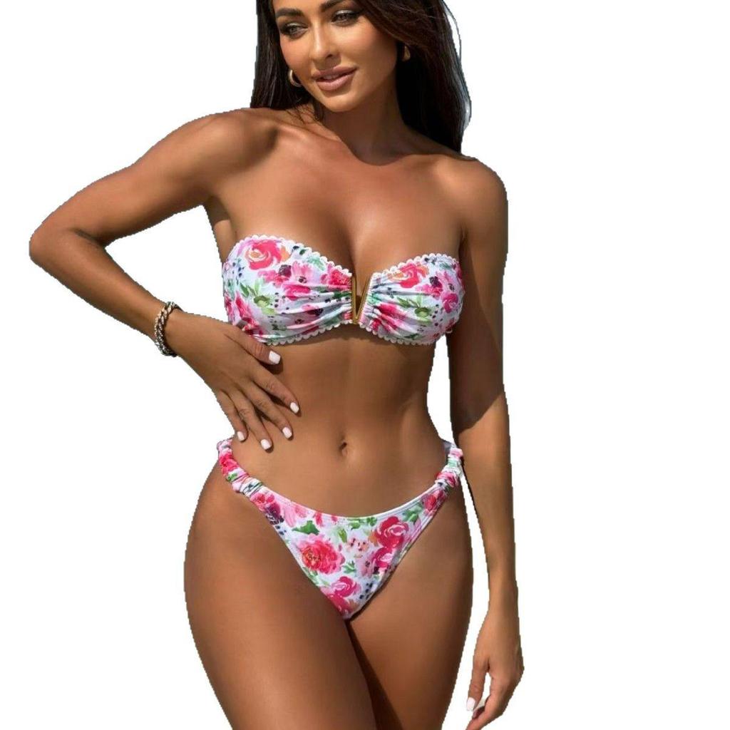 2024 Sexy Floral Lace Bandeau Split Swimsuit Bikini