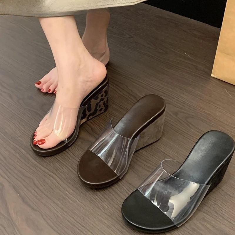 Fashion PVC Transparen Wedges Heel Women's Slipper Summer Open Toe High Heels Banquet Party Slide Shoes