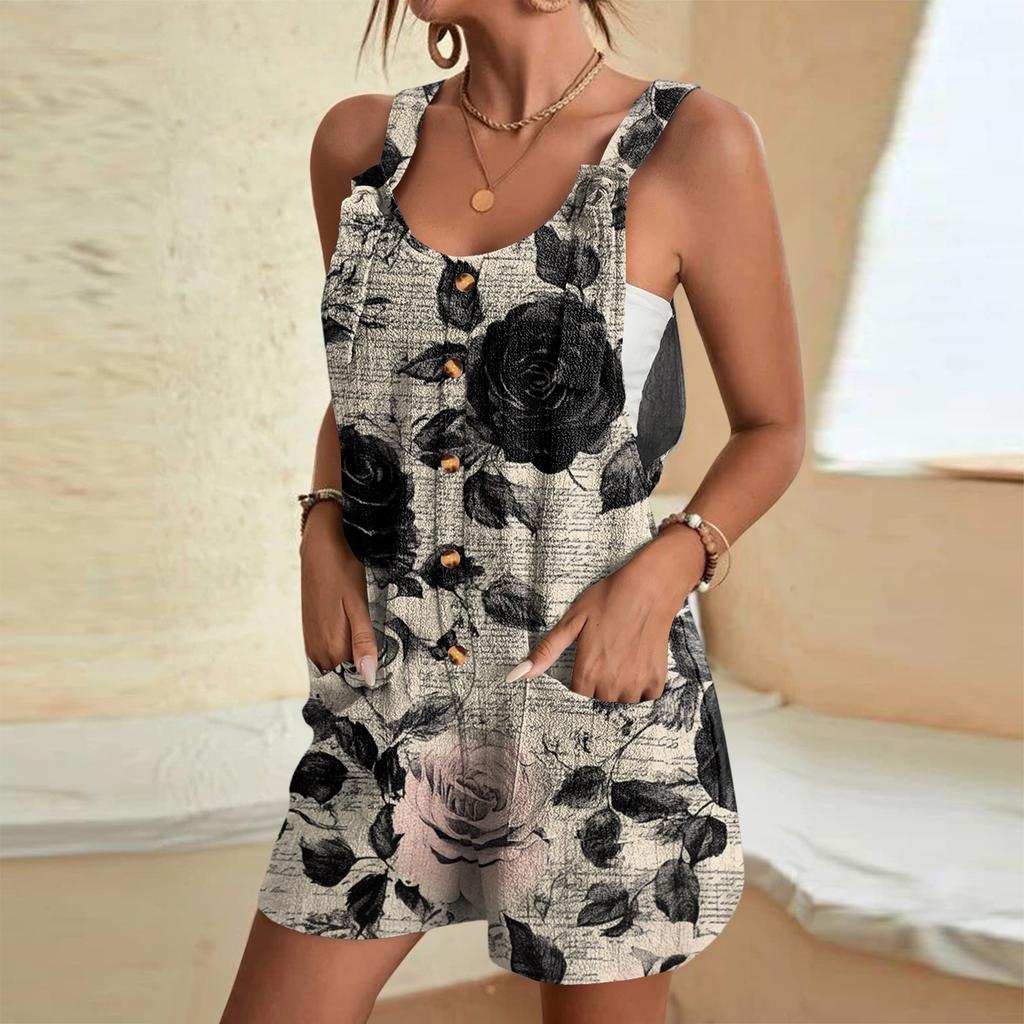 Women's Summer Fashion Loose Adjustable Overalls Retro Floral Print Casual Jumpsuit