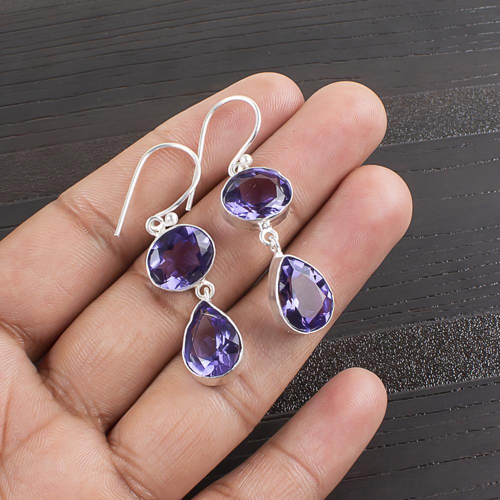 Iolite Gemstone Earrings, 925 Solid Sterling Silver Jewelry, Handmade Antique Jewelry Gift For Mother Earrings