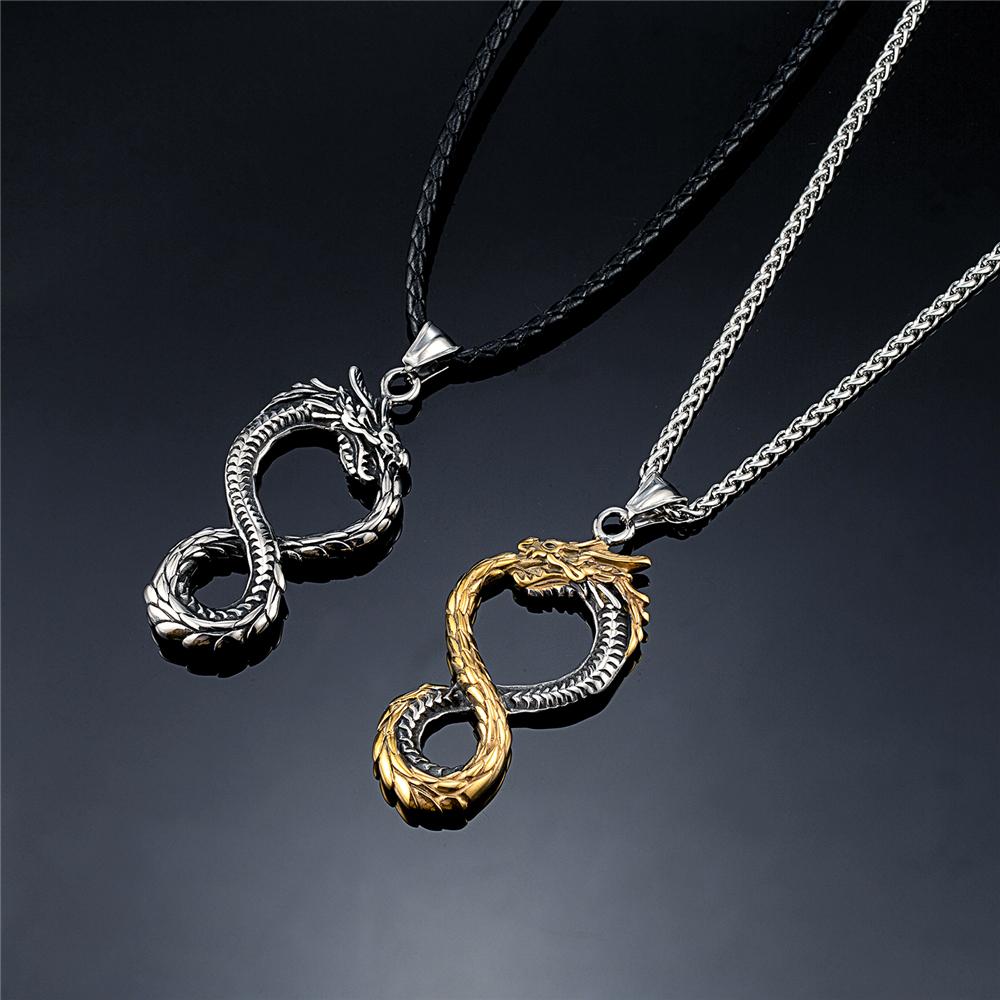Punk Norse Viking Dragon Necklace Gold Stainless Steel Infinity Pendant Ouroboros Amulet Jewelry Gift for Men