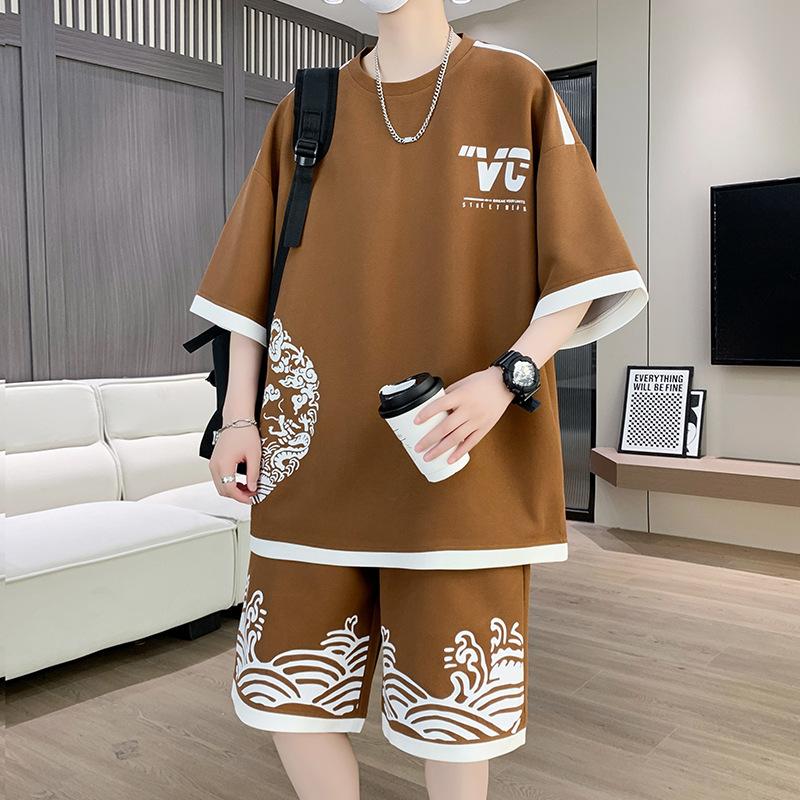 

Летняя мужская молодежная футболка с короткими рукавами, повседневные студенческие шорты, спортивный костюм S кофейный