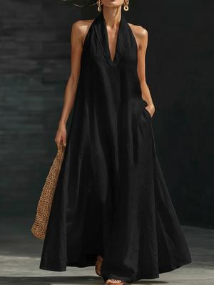 Sommerkleid 2026 für Damen, einfarbig, mit V-Ausschnitt – Freizeitmode im europäischen und amerikanischen Stil