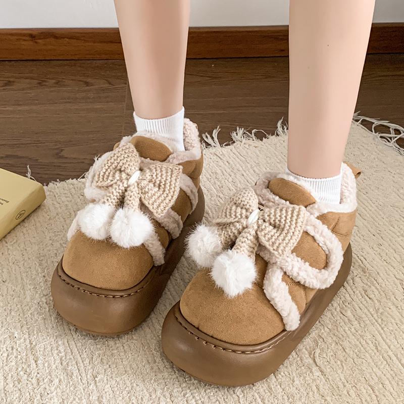 Fashion Cute Fluffy Winter Boots for Women 2025 Faux Fur Bowtie Pink Snow Boots Woman Warm Plush Kawaii Ball Ankle Boots Shoes Woman