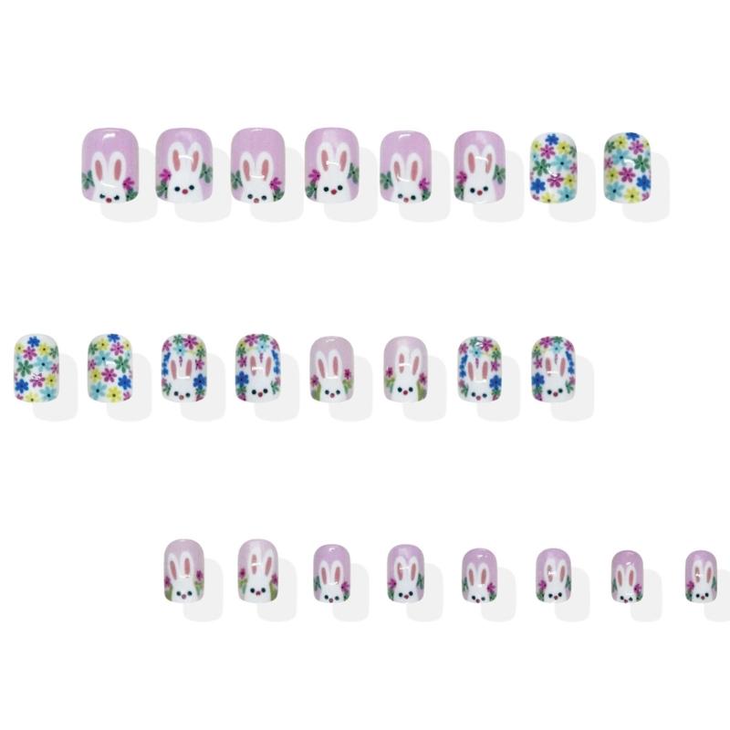 ABS Material Short Square Artificial Nail Featuring Rabbit Patterns And Floral Art For Festive Occasions