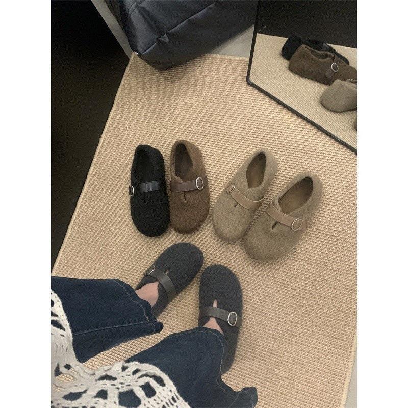 Ugly cute Birkenstock shoes children's velvet cotton shoes autumn and winter Mori round head belt buckle inner height-increasing Doudou shoes