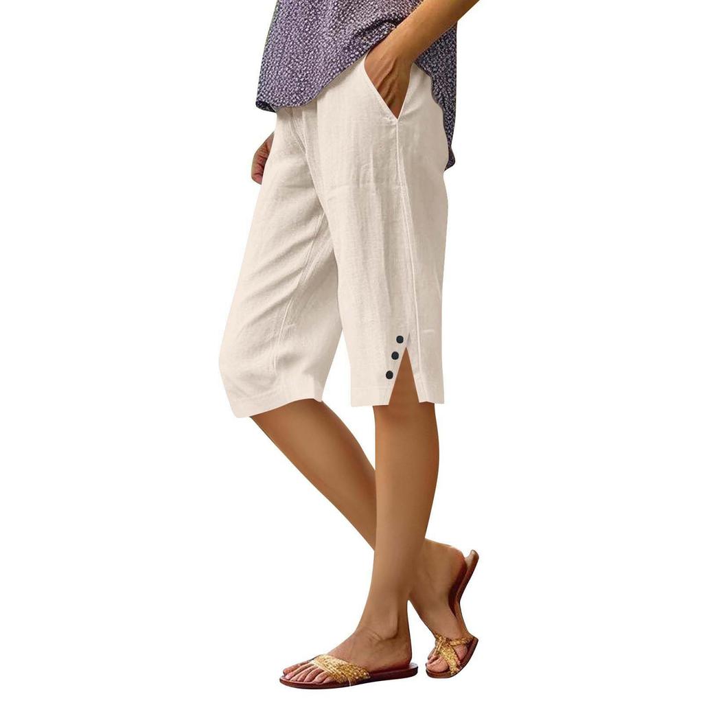 Women Drawstring Waist Cotton Linen Casual Loose Fit Straight Leg Shorts with Pockets and Side Button for Home Wear