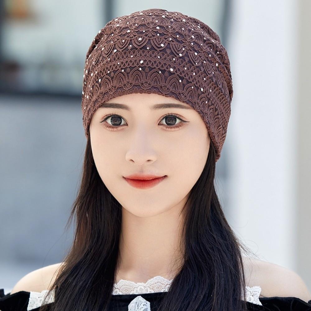 Ethnic Style Warm Bonnet Caps Rhinestones Hijab Turban Cap Casual Lace Beanie Hats  Autumn Spring