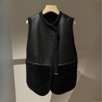 Herbst Winter Mode Schwarz Doppel-Seite Weste Frauen Vintage Tasche Lamm Jacke Leder Tank Top Jacke Vielseitig