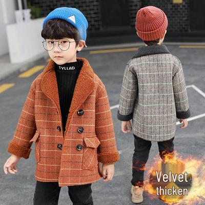 Boys' Mid-Length Wool Coat - Autumn 2025 Fleece-Lined Fashion for Small To Medium Kids