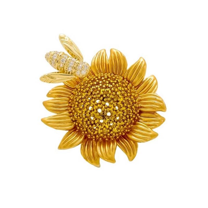 Trendy Elegant Sunflower With Rhinestone Bee Brooches For Women Men Flower Collar Insect Pins Badges Jewelry Accessories