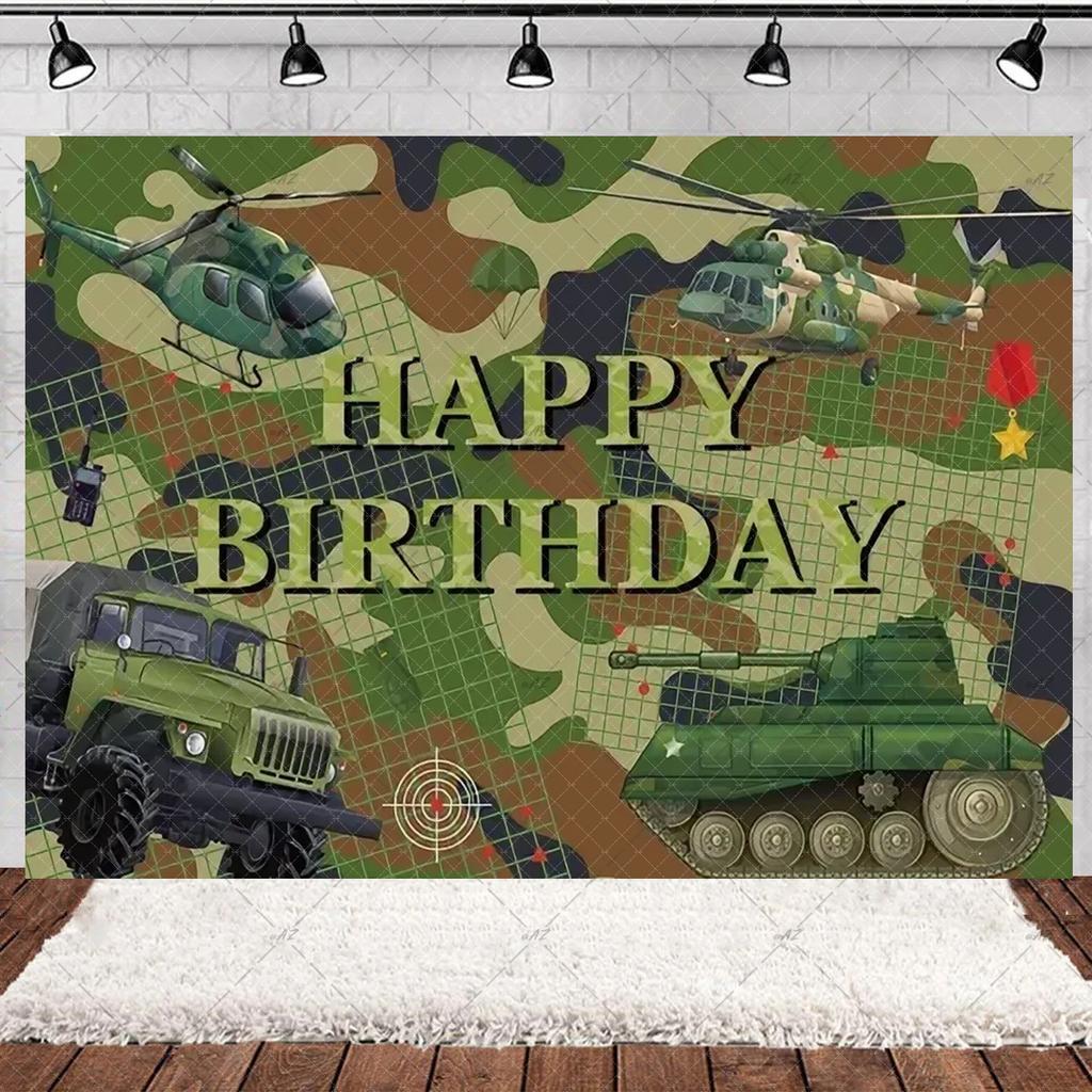 Militär Armee Thema Jungen Geburtstagsparty Dekorationen Camouflage Soldat Flugzeug Panzer Hintergrund Cartoon Luftballon Banner Kinderspielzeug Geschenk