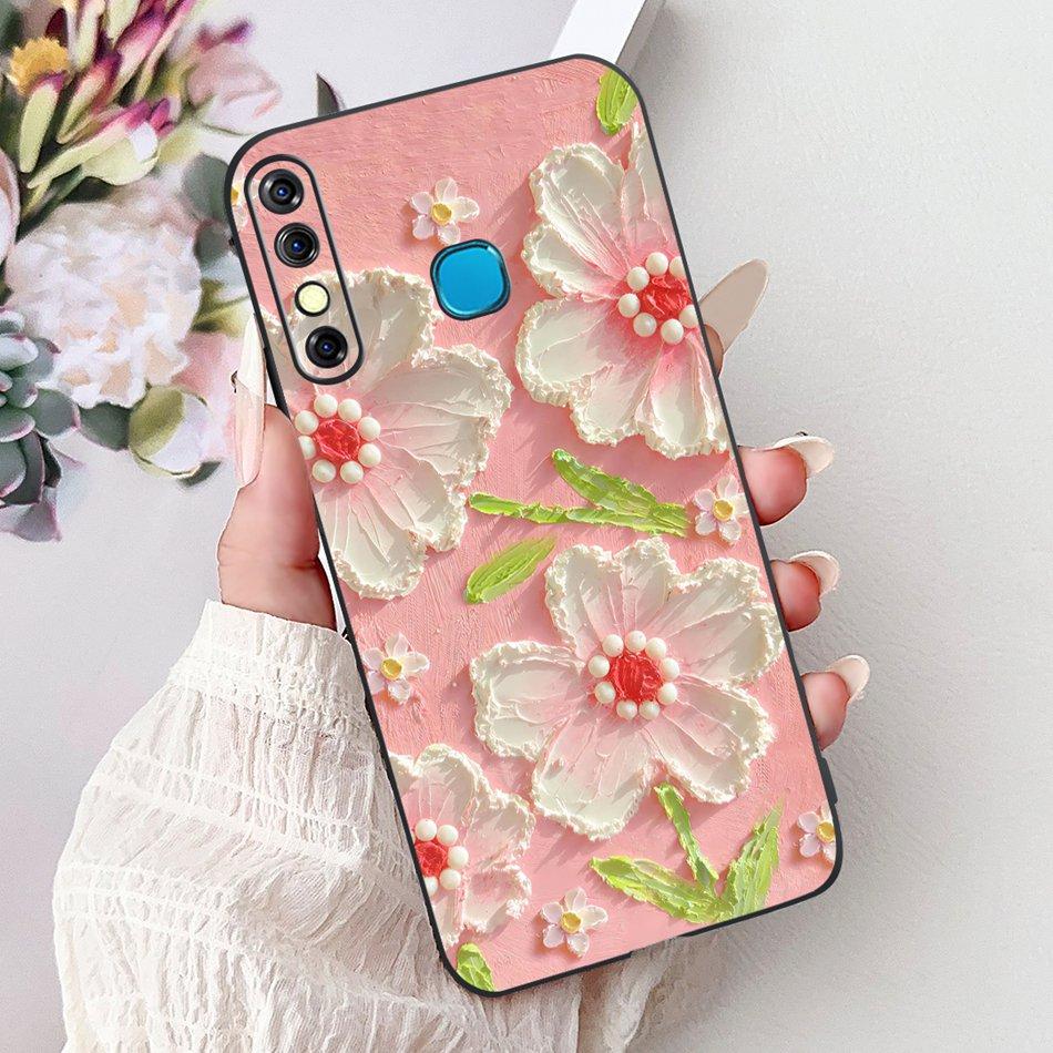 For Infinix Hot 8 Phone Case Hot 8 Lite Hot8 X650 X650C X650B X650D Elegant Floral Cat Pattern Black Silicone Soft TPU Cases