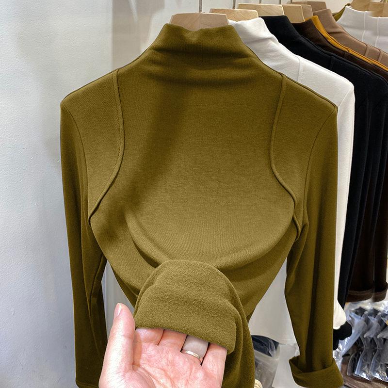 Cămașă de damă cu gât înalt, cu mâneci lungi, slim-fit, stil european, cu căptușeală din catifea germană periată pentru toamnă și iarnă