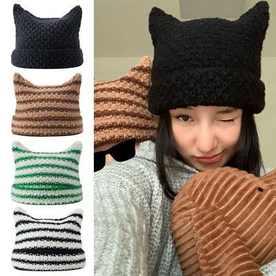 Hats Cute Cat Ears Pointed Pullover Ins Little Devil Japanese Beanie Hat Knitted Wool Cap Striped