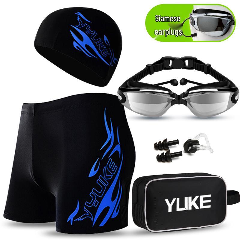 Men's Plus Size Swim Trunks with Flat Leg and Swim Gear Set (Includes Goggles and Cap)