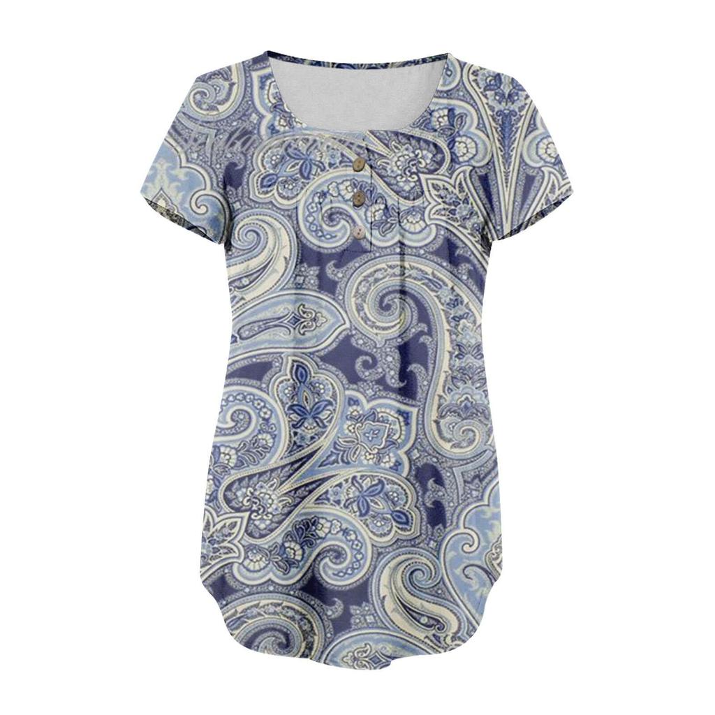 Damen-Pullover, lässig, modisch, Übergröße, bedruckt, kurzärmelig, Knopfleiste, V-Ausschnitt