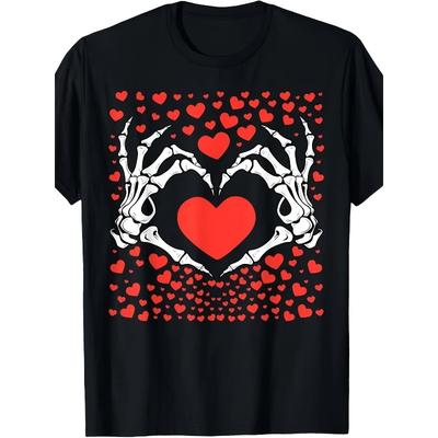 Europäische Größen Lustige Skelett Hand Herz Herren T-Shirt, Bedrucktes Rundhals-T-Shirt für den Alltag geeignet, Vintage Stil Reguläre Passform für Herren