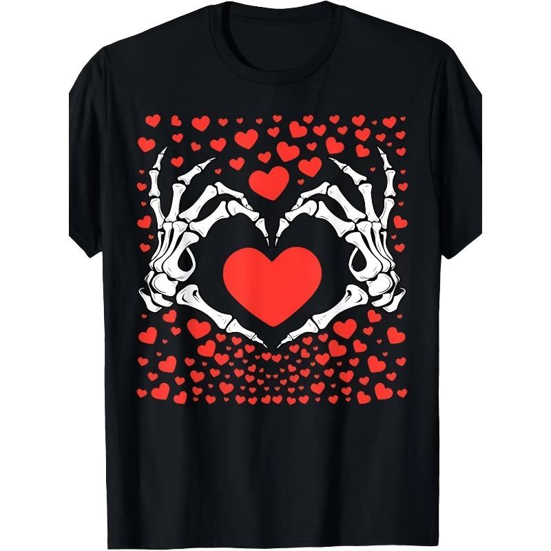 

European sizes Funny Skeleton Hand Heart Men s T-Shirt, Printed Crew Neck Suitable for Everyday Wear, Vintage Style Regular Fit for Men 4XL чорний