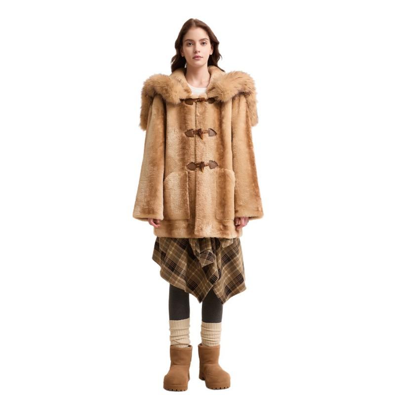 Womens Faux Fur Coat With Detachable Hooded Collar Zipper Thick Warm Winter Outerwear