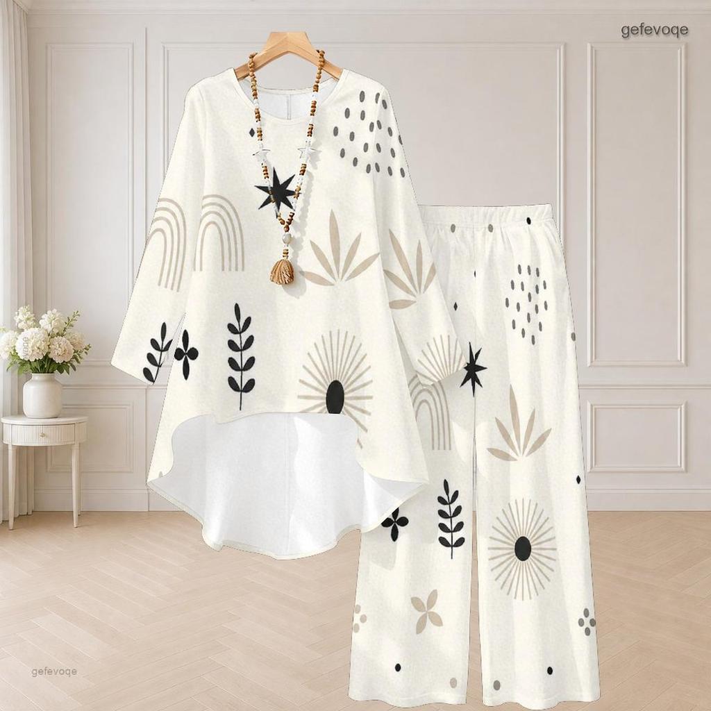 Women Plus Size Round Neck Long Sleeve Brown Beige Printed High Low Top Wide Leg Pants Two Piece Set