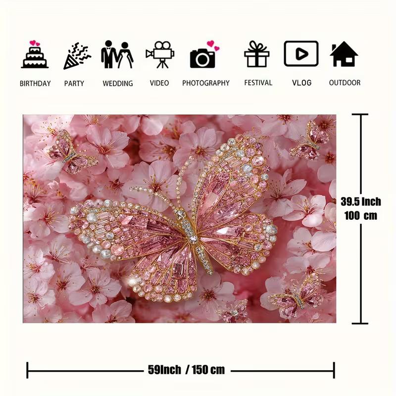 2D Pink Gem Butterfly Backdrop Cherry Blossom Floral Photography Background