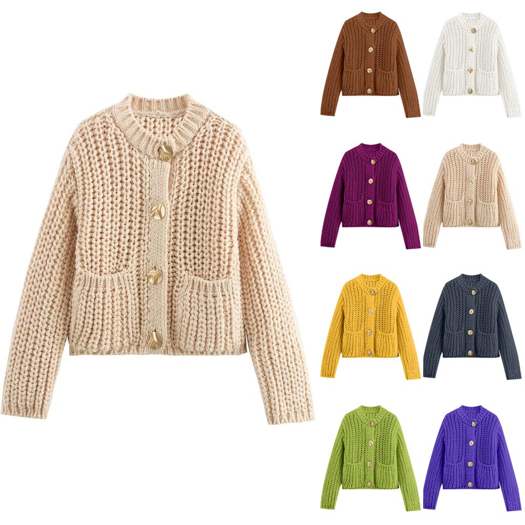 Women's Solid Color Coarse Needle Pocket Button Knit Cardigan Long Sleeved Sweater Jacket