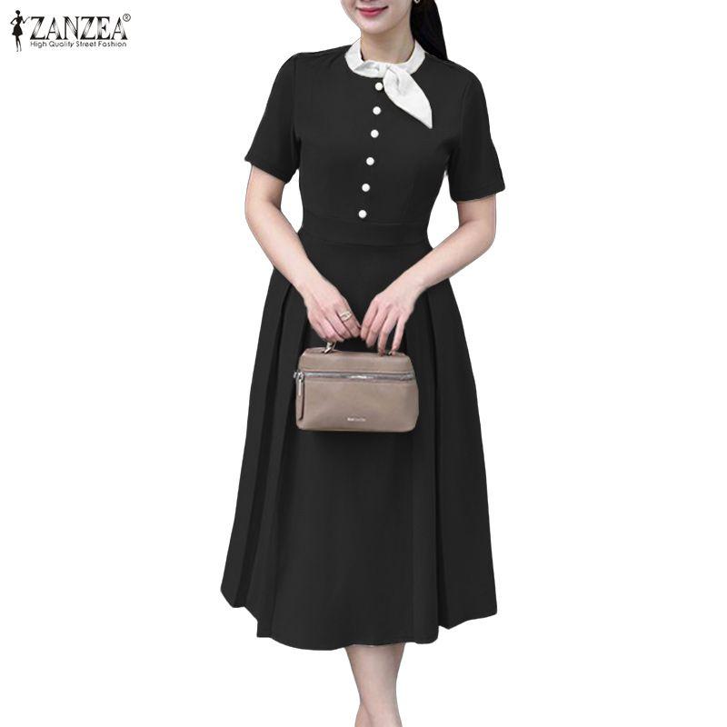 ZANZEA Women Splice Round Neck Casual Short Sleeve Dress
