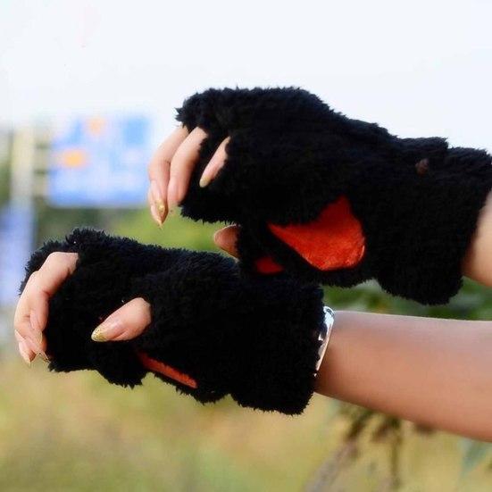 Women Cat Paw Gloves Cute Fuzzy Warm Half Finger Gloves Winter Plush Animal Paw Gloves for Girls Teens Cosplay Costume Parties Daily Wear