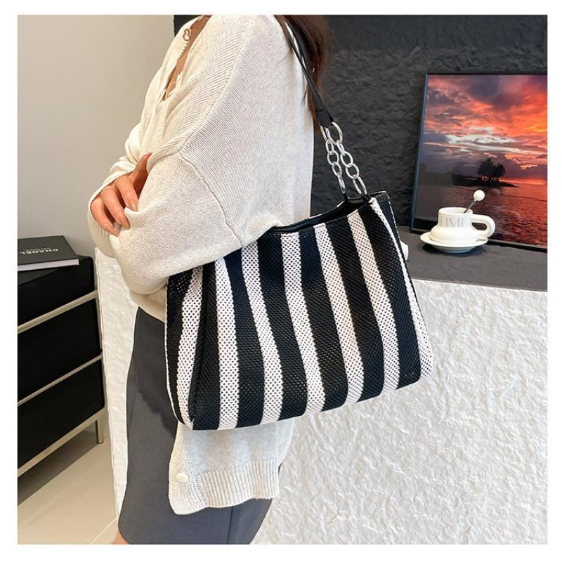 Contrasting Striped Woven Bag Women's New Commuter Shoulder Underarm Bag Vacation Wind Woven Tote Bag