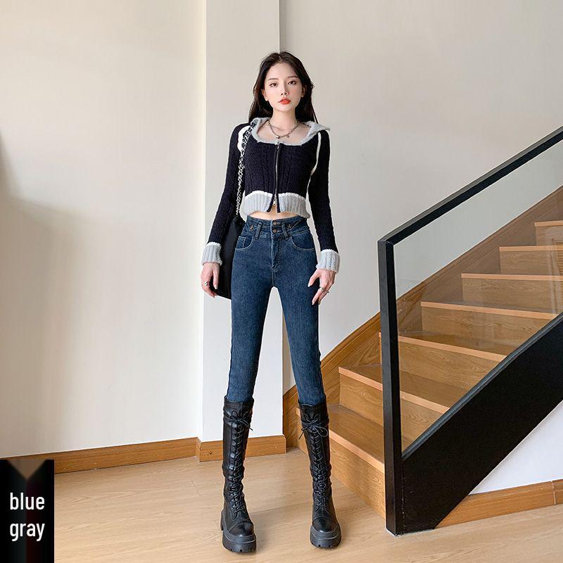 

Women s High-Waist Velvet Skinny Jeans – Thick, Elastic, Slimming, Pencil Cut, Nine-Point Length for Autumn & Winter Size 30