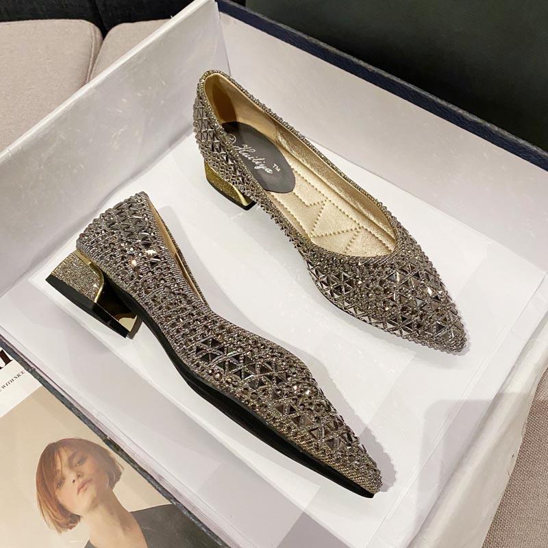 

Туфли-лодочки на толстом каблуке с острым носком женские 2025 на плоской подошве со стразами туфли Дуду прямая трансляция 896-211 38