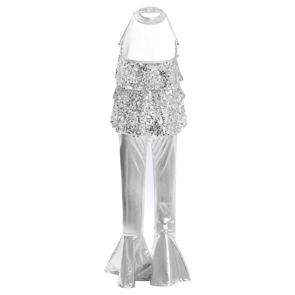 Lányok Jazz Tánc Jelmez Pántos Hátnélküli Kezeslábas Fényes Flitterek Volános Kialakítás Magas Derék Harangszárú Nadrág