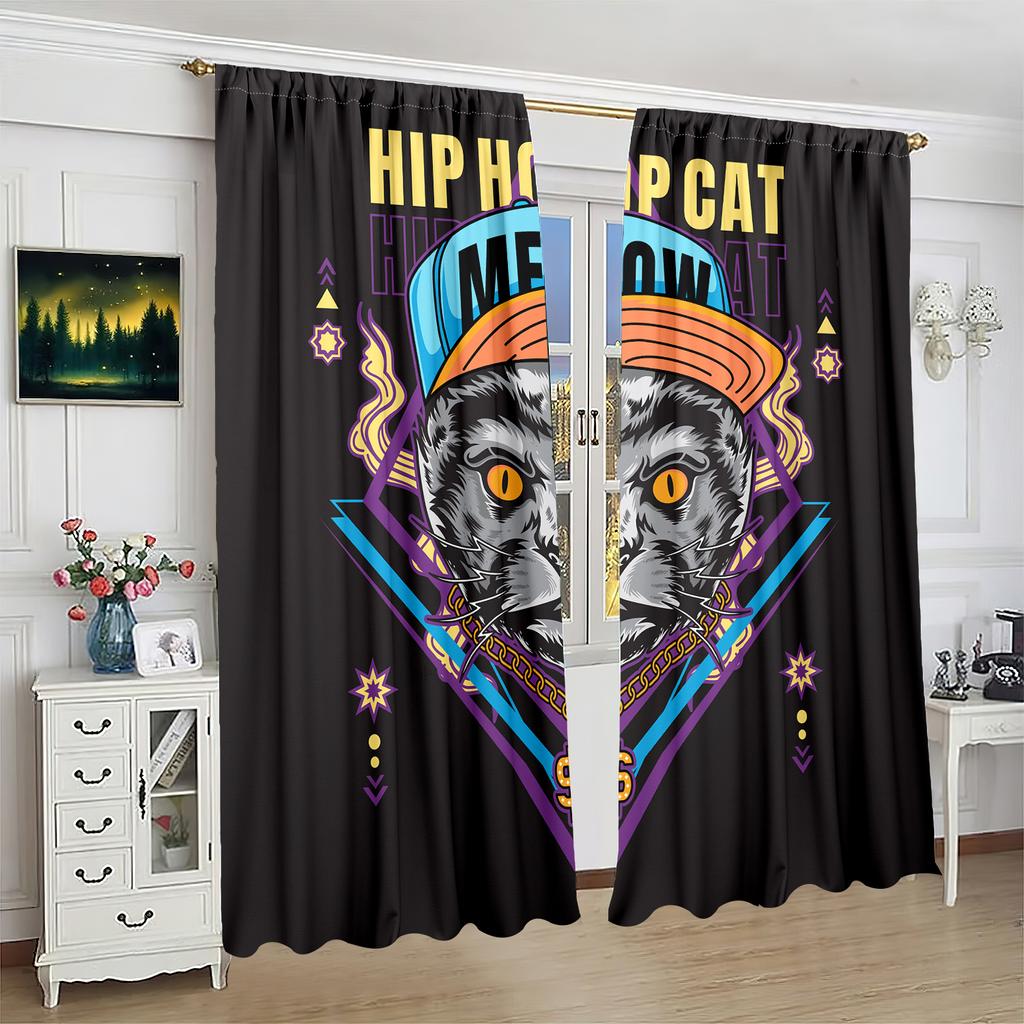 2 Pieces of Hip Hop Cool Trend Cat Printing Curtain - Polyester Material - Suitable for Bedroom Living Room Study Room Priva