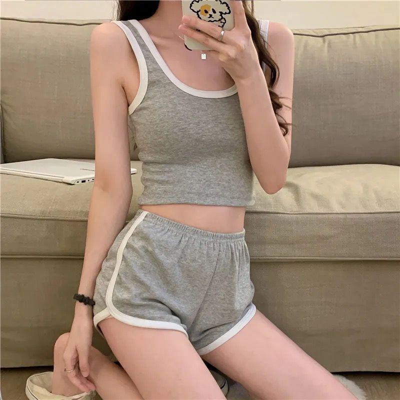 Summer Casual Natural Slim Sleeveless 2 Piece Set Women Fashion Design Solid Sling Sports Vest Vintage Chic High Waist Thin Short Pants New