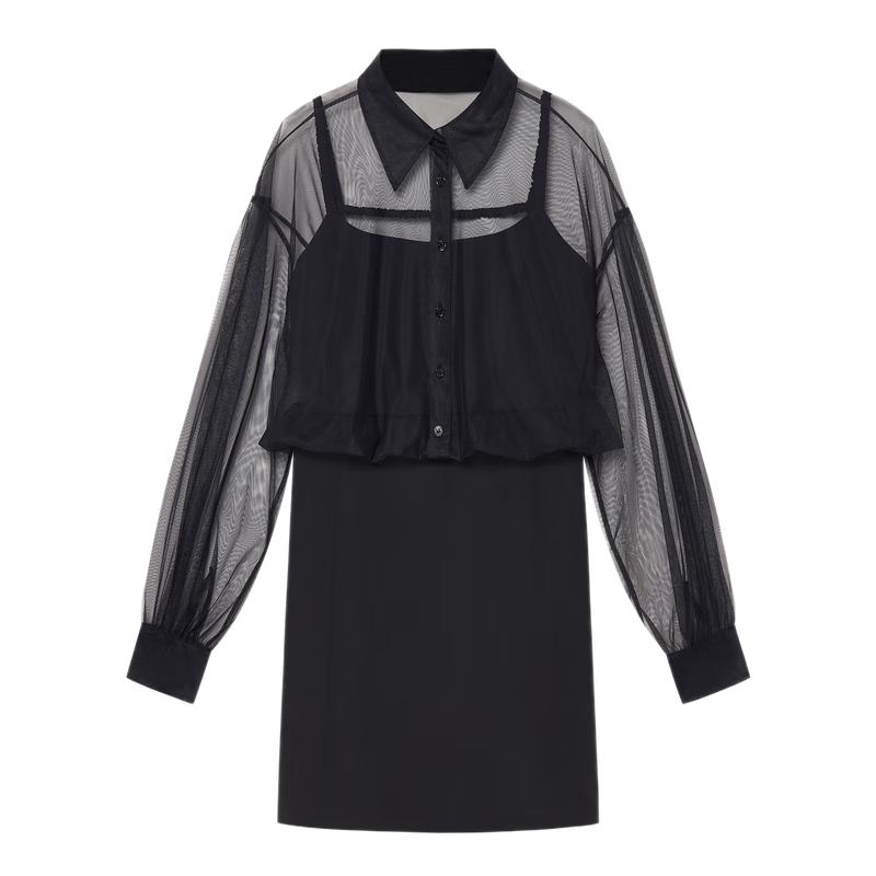 

MO&Co. Gauze-Spliced Black Shirt Dress XS 155