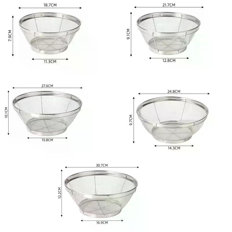 1pcs Stainless Steel Rice Washing Sieve Fine Mesh Basket Kitchen Colander Fruit Rinser Strainer Container Vegetable Washing Bowl