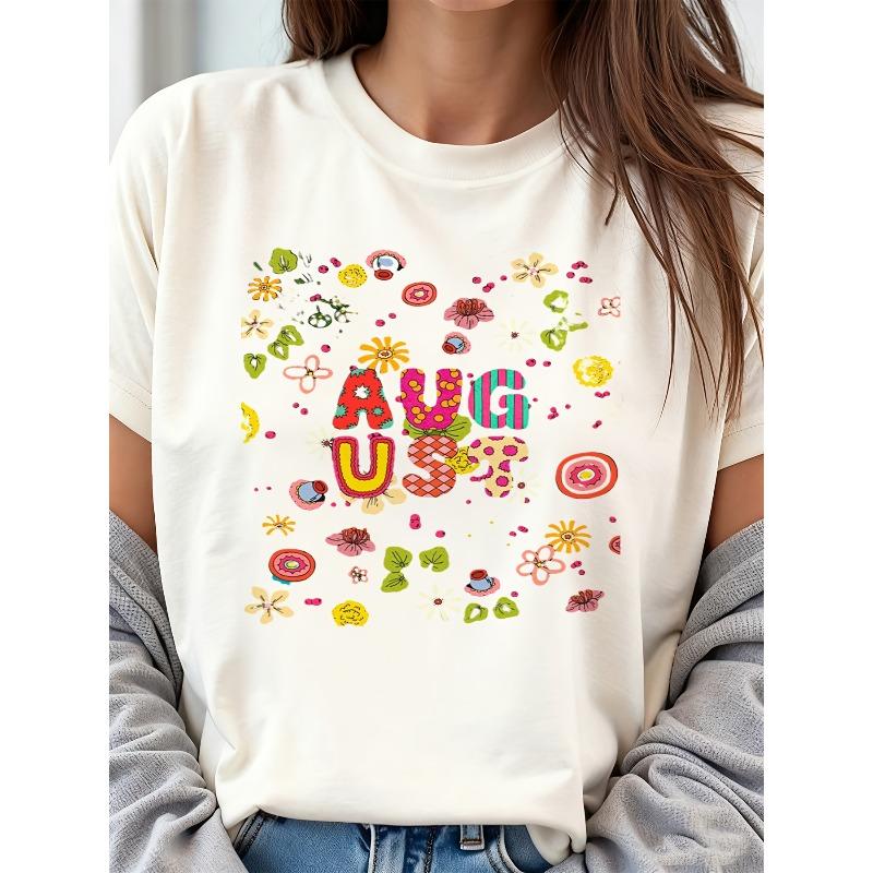 

European Size vibrant colorful digital art flowers grass letters AUG playful whimsical bright colors detailed cheerful summer vibe for women 4XL